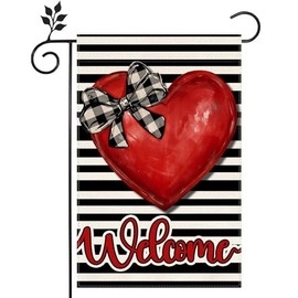 Hello Valentine Garden Flag 12 x 18 Inch Burlap Watercolor Stripes Love Heart Valentine's Day Home Yard Outdoor Decoration Spring Garden Flag -B