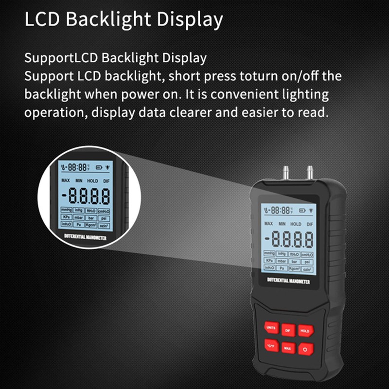 Digital Manometer 20.68Kpa High Accuracy Overload Prompt Auto Shutdown Handheld