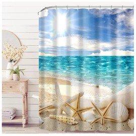 NiCoLa Shower Curtain Polyester Beach Shower Curtain for bathroom, Washable Bathroom Shower Curtains, Waterproof Beach Bathroom Curtains with 12 Hooks 72 * 72 Inch (180 x 180 cm, Light Blue)