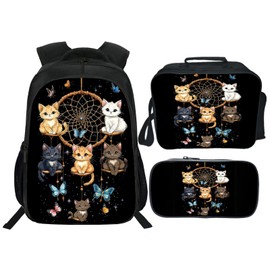 Snapjet Cute Cat Backpack 3PCS 16" Preschool Elementary Schoolbag with Lunch Box Pencil Case Bookbag Set for Girls Boys Kids Children Teens School Students