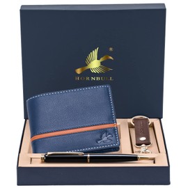 HORNBULL Denial Men's Leather Wallet Gift Set, Casual (Marine)