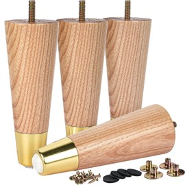 4 inch Ash Wood Furniture Legs with Gold Caps, LAVANE Set of 4 Mid-Century Modern Tapered Varished Wooden Replacement Feet with 5/16 Inch Bolt & Mounting Plate for Sofa Couch Bed Armchair Ottoman
