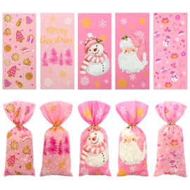 50 PCS Christmas Cellophane Treat Bags Cute Pink Santa Claus Goodie Candy Xmas Snowflakes Snowman Party Favor Gift Bags Plastic Cello Bags for Girls Boys Kids Merry Christmas Party Supplies