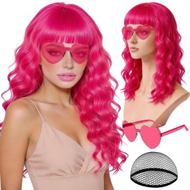 rookea Hot Pink Wave Wig for Women with Heart Sunglasses, Neon Long Curly Wavy Wigs with Hair Cap Colorful Big Wavy Curls Funny Hair for Cosplay Birthday Bachelor Party Halloween Christmas Costume
