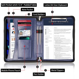 Darolin Zippered Leather Padfolio Portfolio with Hidden Handle and Clipboard, Business Conference Organizer Notepad Folder, Portfolio Bag, Padfolio for Women/Men (Blue)