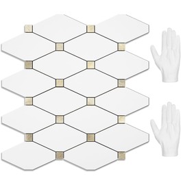 STICKGOO 10 Sheets Peel and Stick Backsplash, Pure White Marble Look PVC Mixed Metal Gold Kitchen Backsplash, Stick on Backsplash Wall Tiles for Kitchen, Bathroom, RV