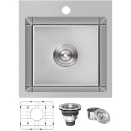 Comllen 15x15 Inch Drop In Bar Sink,18 Gauge Stainless Steel Top Moute Small Kitchen Sink,9 Inch Deep Single Bowl Brushed Nickel Small Bar Sinks With Stainless Steel Grid & Strainer