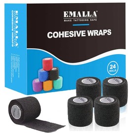 Self Adhesive Bandages Wrap, Urknall 24 Count Cohesive Wrap 2" x 5 Yards Tattoo Grip Tape Gun Wrap Non Woven Elastic Tattoo Tape for Sports,Vet, Tattoo(Black)