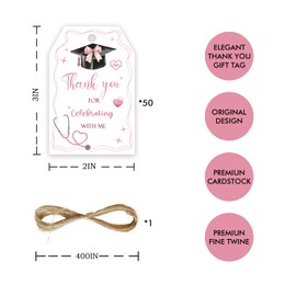 50pcs Gongrats Nurse Thank You Tags, Pink Bows Graduation Gift Tag with String for Nurse Grad, Nursing Thank You Paper Tags for Medical School Graduation Party Favors