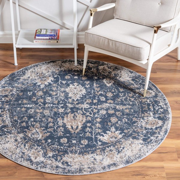 Rugs.com Oregon Collection Rug – 5 Ft Round Blue Low-Pile