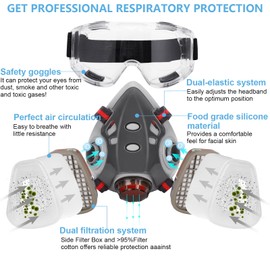 ANUNU Painters Respirator with Filters Reusable Respirator with Safety Glasses Against Gas, Dust, Chemical Perfect for Epoxy Resin, Sanding, Woodworking Paint Work