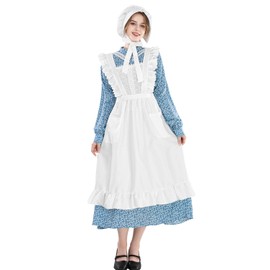 Nuoqi Prairie Dress Women Adult Pioneer Dress Long Colonial Costume with Bonnet Apron Blue S