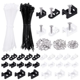 Swpeet 480Pcs Black + White Self-Locking Cable Zip Tie (150x4mm) and 3mm 4mm 6mm Saddle Type Cable Tie Mounts Base with Deep Thread Flat Head Screws Kit, Wire Holder Wire Cable Clips Organizer