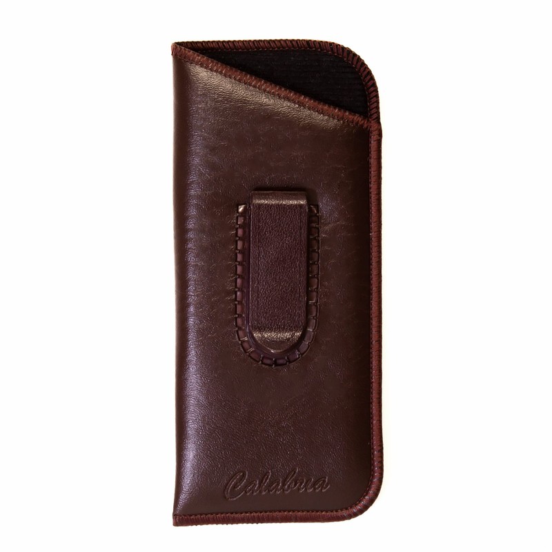 Calabria Slip-In Eye Glasses Case w/Plastic Pocket Clip Faux Leather