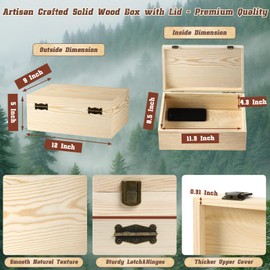 HIPNOOK Unfinished Wood Boxes Large Wooden Boxes with Hinged Lid – 12 x 9x5 Inch Keepsake Box-Memory Box for Crafts, Storage, Gifts, Jewelry,Decor,DIY/Arts/Painting