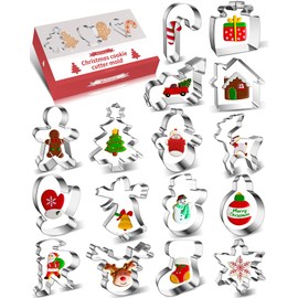 16 Pcs Cookie Cutters Christmas Cookie Cutters Winter Set with Decorating Instructions Stainless Steel Tree Snowflake Candy Cane Santa Snowman And More