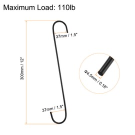 sourcing map 2pcs Long S Hooks 12 Inch Extra Long Metal S-Shaped Hanging Hooks High Manganese Steel S Hanger Storage Organizing Tool for Kitchen Garden Bathroom Garage Closet, Black