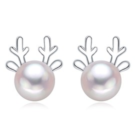 Zolkamery Silver Christmas Earrings Women, 925 Sterling Silver Christmas Stud Earrings, 10 mm Small Sleeping Stud Earrings, Snowflake Elk Pearl Zircon Santa Claus Stud Earrings Silver for Women, Stone