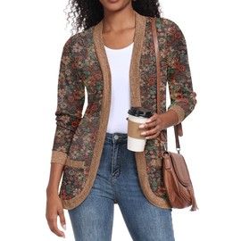 GRECERELLE Cardigan for Women Casual Lightweight Open Front Long Sleeve Printed Femme Sweater Jacket with Pockets, Cashew Brown, Large