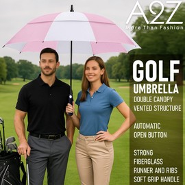 A2Z Golf Umbrella Windproof Large Double Canopy Pink & White Heavy Duty Automatic Open Waterproof Sun UV Protection Strong Wind-Resistant Frame Easy Grip Handle Brolly Ideal for Golf Outdoor & Sports