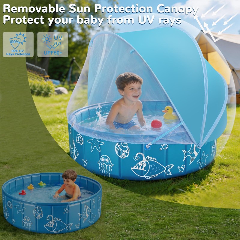 Foldable Kiddie Pool with Removable Canopy, 47in Portable Kids Swimming