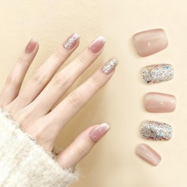 Nail Tips Short Handmade False Nail Cat's Eye Shiny Pink Purple Glitter Light Powder Handmade Cute Dating Bridal Set of 10 (PON-03)