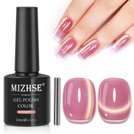 MIZHSE Pink Cat Eye Gel Nail Polish, Dawn Effect Glass Magnetic Gel Polish, Crystal Jelly Cateye Nail Gel with Magnet Stick Soak Off Nail Art Manicure Home
