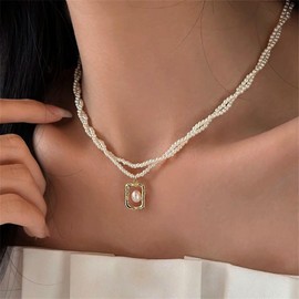 TseenYi Pearl Choker Necklace Pearl Square Pendant Necklace Gold Pearl Necklace Layered Twisted Pearl Necklace Small Pearl Beaded Necklace Tiny Beads Pearl Strand Necklace Vintage Pearl Chain Necklace