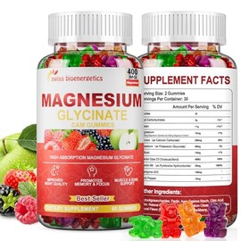 Paquete de 2 gomitas de glicinato de magnesio de 400 mg para mujeres y hombres, suplemento de calcio con malato de magnesio, B6, zinc, vitamina D, CoQ10, sin OMG, sin azúcar, para vegano (varios