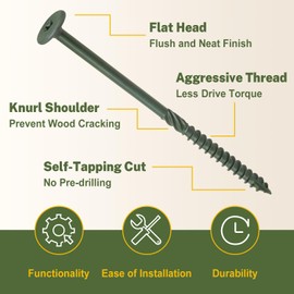 LIONMAX Wood Screws #14 x 6 Inch, 50-PCS, Heavy Duty Structural Lag Screws, Rust Resistant Coated for Exterior Decking/Construction/Timber/Landscape, Star Drive Flat Head, T30 Bit Included, Green