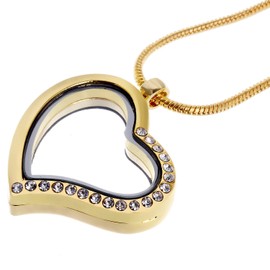 RUBYCA Living Memory Heart Locket Snake Chain Necklace Crystal Floating Charm DIY Gold Tone 1Pcs