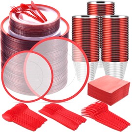 Norme 600 Pcs Disposable Plastic Dinnerware Set, 100 Clear Plastic Plates, 100 Cups, 100 Knives, 100 Forks, 100 Spoons, 100 Napkins, Party Plates Set for Wedding Birthday Graduation(Red)