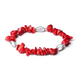 MetJakt Natural Stone Beads Bracelet - Handmade Stretch Bangle with Mixed Crystal Gravel and Elegant Metal Accents for Women and Men (Red Jade, Silver plated)