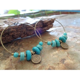 Six turquoise stones vintage bronze hoop earrings and howlite stones. Unique, turquoise stone earrings with spiral