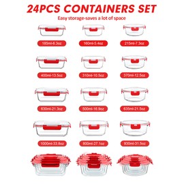 VERONES 24 Pieces Glass Food Storage Containers Set, Airtight Glass Lunch Containers, Glass Meal Prep Containers with Lids,Exclusive of BPA, for Microwave, Oven, Freezer & Dishwasher Friendly,Red