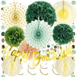 Birthday Decoration Green, Happy Birthday Garland, Pompoms Decoration, Birthday Decoration Women, Reusable Party Decoration, Paper Fan Honeycomb Balls Decoration, Sage Green Decoration for Garden