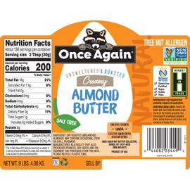 Once Again Natural Creamy Almond Butter, 9lbs - Roasted - Salt Free, Unsweetened - Gluten Free Certified, Peanut Free, Vegan, Kosher, Paleo