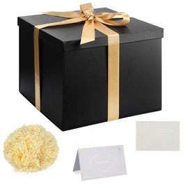 Gift Box Set, Black Gift Box with Lid, Deep Gift Box with Bow, 23 x 23 x 18 cm, Gift Box, Tipped Tissue Paper, Greeting Cards for Christmas, Birthday, Wedding Anniversary