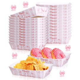 Glavatrix 24 PCS Pink Bow Paper Food Trays, Disposable Kraft Nacho Trays for Coquette Theme Birthday Party Decorations Supplies, Snack Serving Plates for Wedding Baby Shower Party Decor