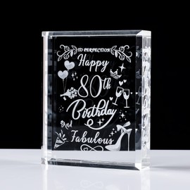 Crystal 80th Birthday Gifts for Women, Laser Engraved Happy 80th Birthday and Fabulous, 80 Years of Age Glass Plaque Keepsake Presents for Mum Grandma Home Decor Ornaments