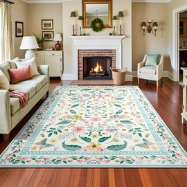 Terrug 5x7 Green Floral Area Rug for Living Room,Boho Machine Washable Ultra-Thin Rugs with Non-Slip Blacking for Bedroom,Large Flower Carpet for Dining Room Playroom Floor Decor