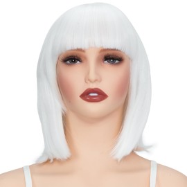 PARXITN Bob Wig with Fringe White Wig Synthetic Hair Shoulder Length Party Cosplay Wavy Wigs for Women Girls
