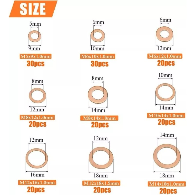 L&T 200pcs/set Purple Copper Washer Sealing Ring Gasket Flat