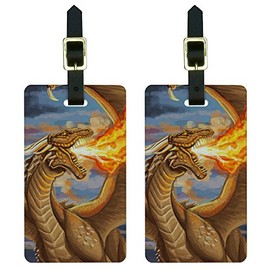 Dragon Breathing Fire - Fantasy Medieval Luggage Tags Suitcase ID Set of 2