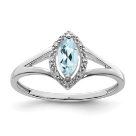 Solid 925 Sterling Silver Diamond and Aquamarine Blue March Gemstone Marquise Engagement Ring Size 8 (.03 cttw.)