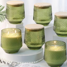 LAMORGIFT 6 Pcs 13.5 OZ Green Large Candle Jars for Making Candles, Ribbed Unique Candle Jars, Glass Jars with Wooden Lids and Labels for Candle Making Supplies, Container, Green Table Decor, Gift