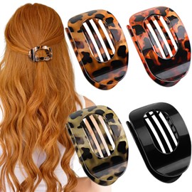 Tokusatsu 4 PCS Flat Hair Claw Clips, Medium Round Flat No Crease Hair Clips for Women and Girls, French Strong Hold Hair Barrettes for Thick and Thin Hair, Leopard Black