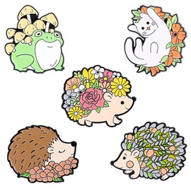 Cute Frog Hedgehogs Cat Enamel Pin Set 5PCs Lapel Pins Brooches Cartoon Animal Plant Flower Floral Brooch Badge Collar Lapel Pins for Clothes Bags Jacket Backpack Decor Jewelry Gift for Women Girls