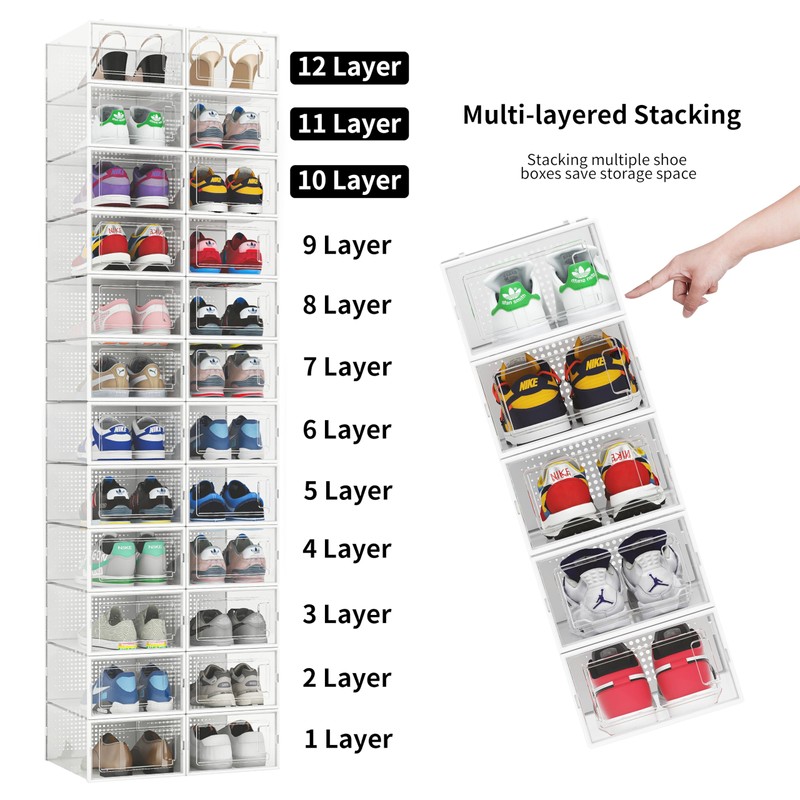 12 Pack Shoe Organizer Storage Bins, Clear Plastic Stackable Shoe