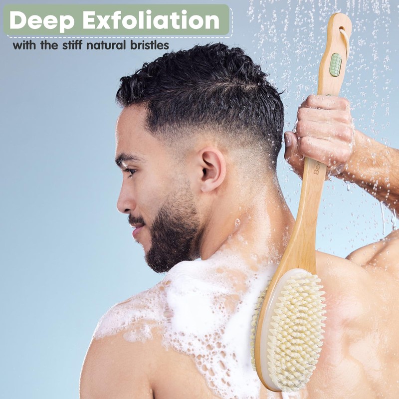 Bearona Body Brush with Exfoliating Mitt Set,Dual-Sided Long Handle with